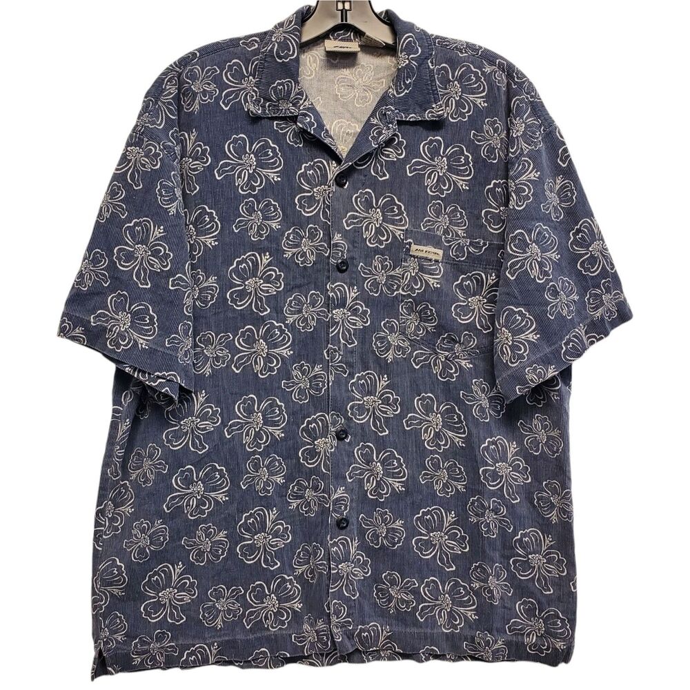 Vintage NO FEAR Shirt Mens Medium Blue White Hawaiian Floral Vacation 90s Y2K